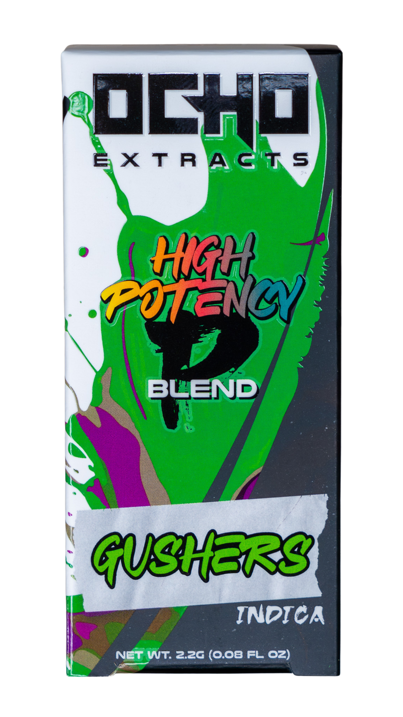 Ocho Extracts' "P Blend High Potency" Indica disposable features vibrant packaging with a bright green and colorful design, offering a 2.2g net weight with Delta-8.