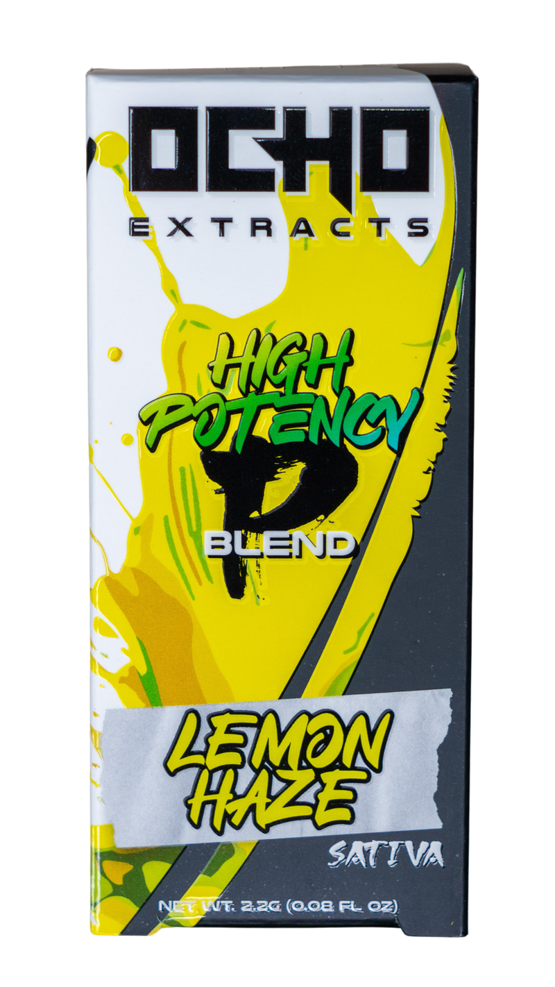 The Ocho Extracts P Blend High Potency Disposable (2.2g) packaging highlights Delta-8 for an enhanced experience, featuring the high potency sativa blend, Lemon Haze.