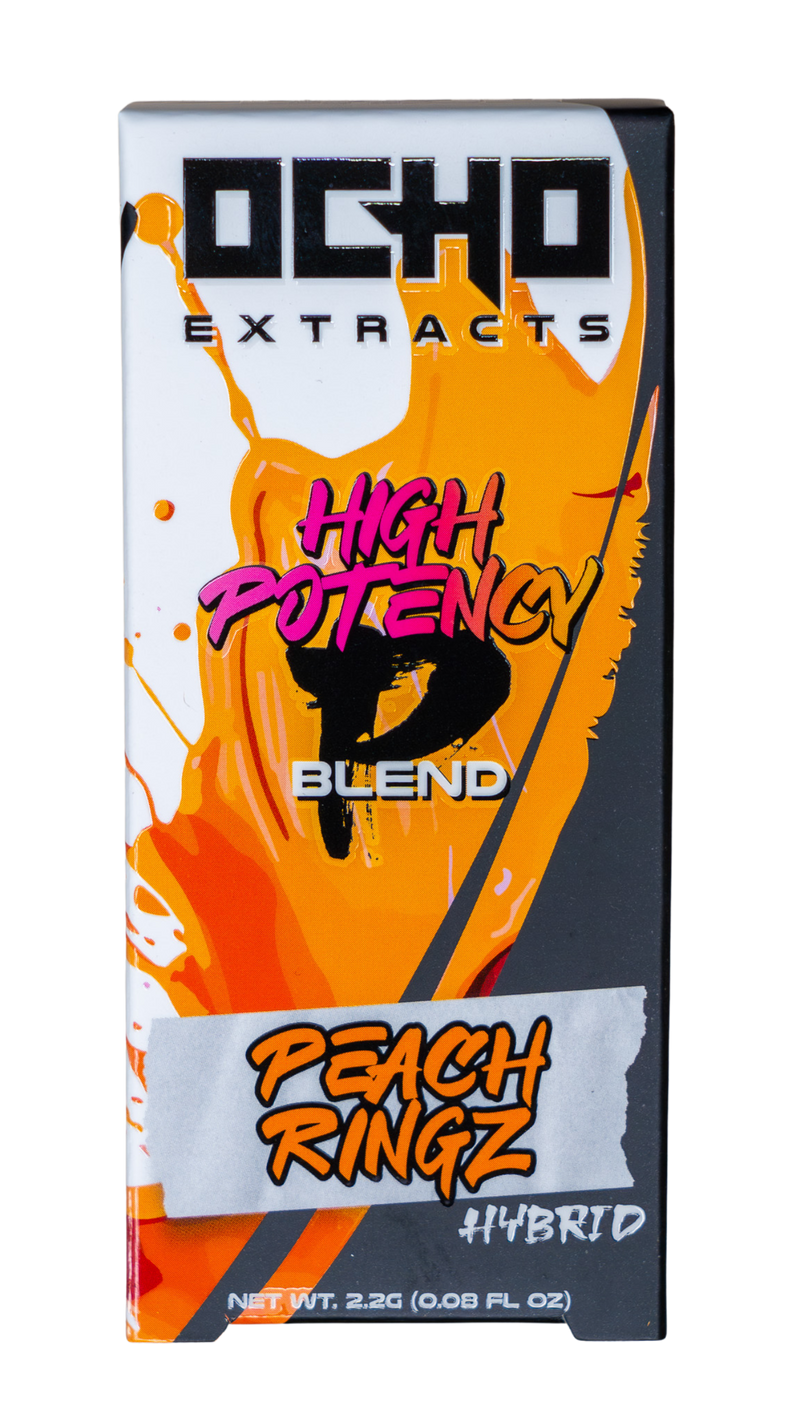 Box marked "Ocho Extracts" presents in bold the "P Blend High Potency," highlighting THCP for a heightened experience. The description at the bottom reads "Peach Ringz Hybrid," all against an orange and white splatter backdrop.