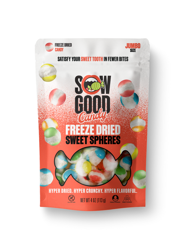 A 4 oz (113 g) jumbo package of Sow Good Inc's Freeze Dried Sweet Spheres, featuring colorful candy. The packaging boasts "Hyper dried, hyper crunchy, hyper flavorful" for an intense flavor experience.