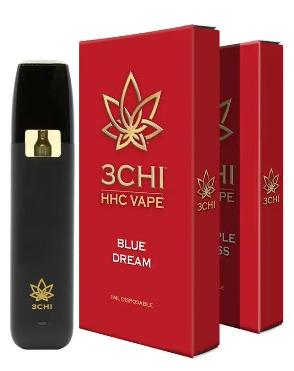 3Chi's HHC Disposable Vapes | 1g boast a sleek black design and vibrant red packaging for "Blue Dream" and "Purple Haze," each with a gold logo. Discover these premium Hexahydrocannabinol vape cartridges at the Best Vape USA CBD Expo.