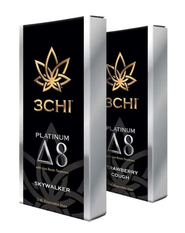 Two black and silver vape boxes with gold logos, labeled "3Chi Platinum Delta 8 Disposable Vape," featuring pure Delta 8 THC. One is the "Skywalker" flavor, and the other is the "Strawberry Cough" flavor. Each box states "2 ML Disposable Vape Pens.