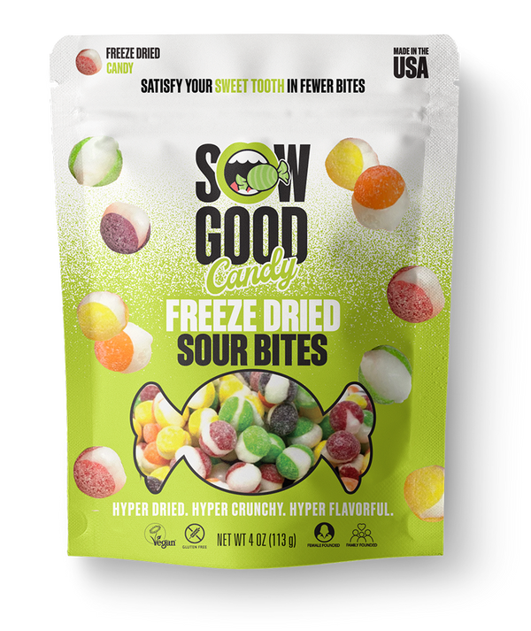 A bag of Freeze Dried Sour Skittles from Sow Good Inc, featuring green and white packaging that showcases colorful Sour Bites. The highlights on the package include its vegan nature, hyper crunchy texture, and being made in the USA.