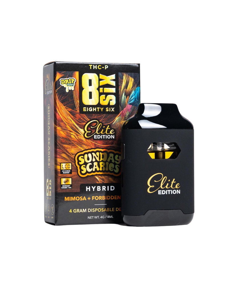 A box labeled "Eighty Six Brand Elite Edition" sits next to a black 4-gram THCP disposable vape device featuring the same "Elite Edition" branding. The product is a hybrid strain with the label "Mimosa + Forbidden.