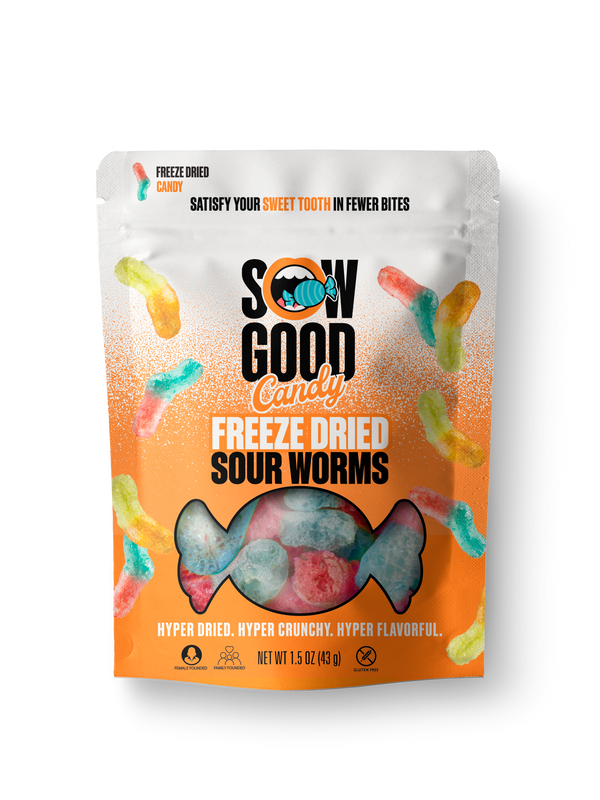 A 1.5 oz (43 g) bag of Sow Good Candy from Sow Good Inc featuring Freeze Dried Gummy Worms, labeled with phrases "Satisfy your sweet tooth in fewer bites" and "Hyper dried. Hyper crunchy. Hyper flavorful." Perfect for those craving the tang of sour worms with the unique texture of freeze-dried gummy worms!