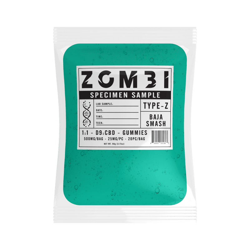 A sealed, transparent bag with green contents labeled "Zombi Specimen Sample" contains Zombi Delta 9 Gummies | 500mg by Zombi, with each gummy being 25mg and there are 20 pieces labeled "Baja Smash," Type-Z.