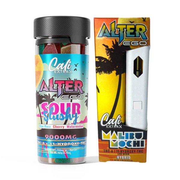 The Cali Extrax Alter Ego Bundle | 2 pack by Everyday Delta includes a hybrid THC vape pen accompanied by Bottled Sour Slushy gummies in blue razz, cherry, and watermelon flavors.