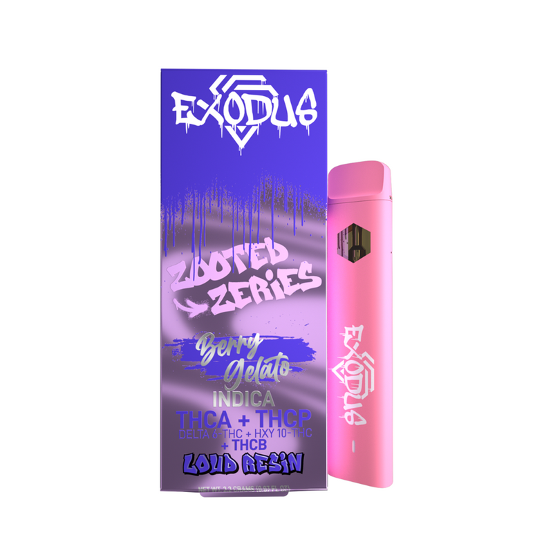 Exodus Zooted THCA Disposable | 2.2g and its packaging box labeled "Zooted Zeries," "Berry Gelato," "Indica," with Premium Cannabinoids like THCA, Delta 8 THC, HXY 10-THC, Delta 6 THC, THCP, and THCB listed, and "Liquid Resin.