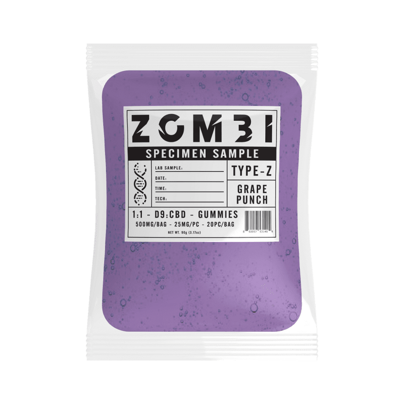 A packet of Zombi Delta 9 Gummies labeled "Zombi Specimen Sample, Type-Z, Grape Punch, 1:1 - D9.CBD - Gummies, 500MG/BAG, 25MG/PC - 20PC/BAG". The bag is purple with a white label.