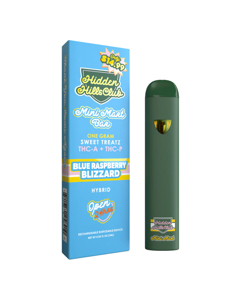 A green Hidden Hills Mini Mart Sweet Treatz Disposable (1g) stands beside its blue box marked "Hidden Hills," highlighting the Sweet Treatz flavor.