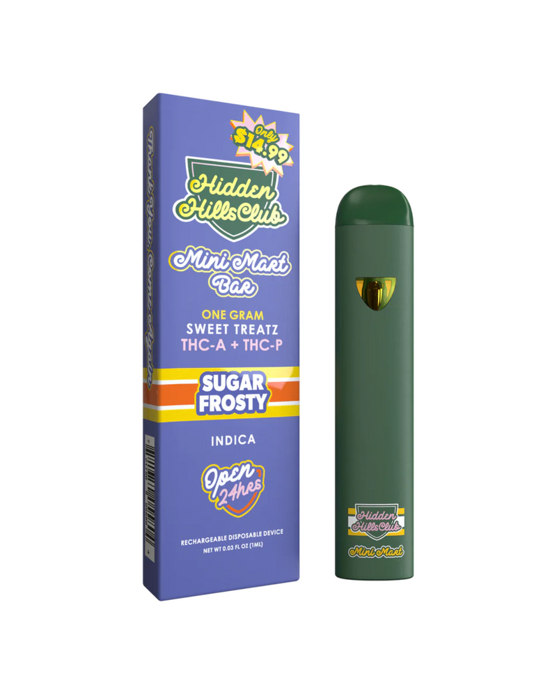 A green Vape Pen stands next to its blue and purple box labeled "Hidden Hills Mini Mart Sweet Treatz Disposable, 1g" from Hidden Hills.