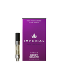 An Imperial THC-P Cartridge | 1g sits beside its purple box, branded by Imperial, offering Delta-8 enhanced live resin for a premium hybrid Berry Gelato experience.