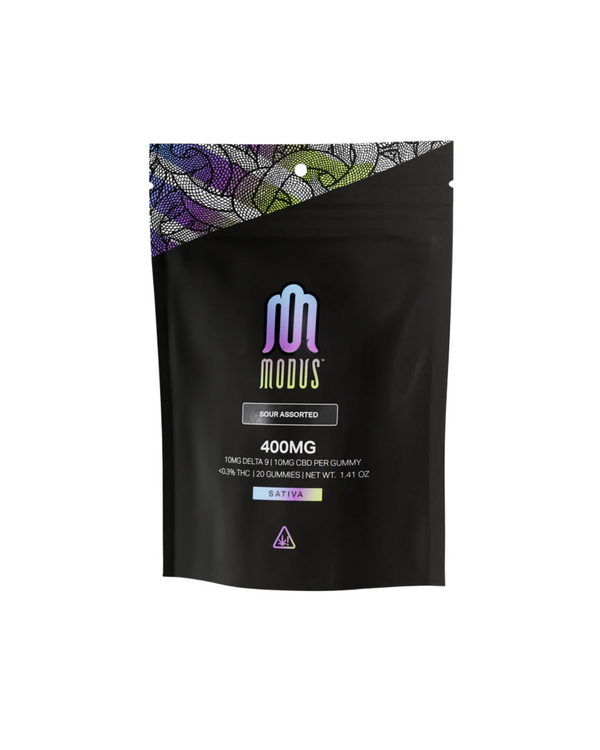 A black pouch labeled "Modus Delta 9 CBD 1:1 Gummies | 20ct" by Modus contains 20 assorted gummies, offering a balanced Delta 9 THC and CBD experience—ideal for those seeking premium sativa-type gummies. Net weight is 1.41 oz.