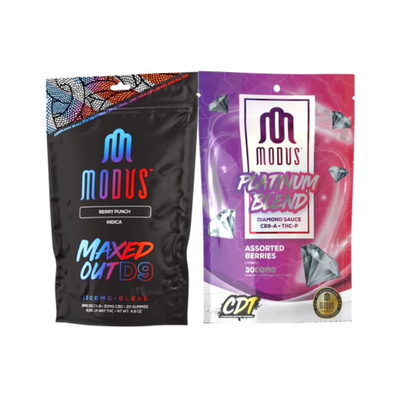 Introducing the Everyday Delta Modus Double Delight Gummy Pack, featuring two exciting packages of gummies: one with "Maxed Out D9 Gummies" in a refreshing berry punch flavor and another "Platinum Blend" offering an assortment of berry flavors. Enjoy a delightful burst of taste!