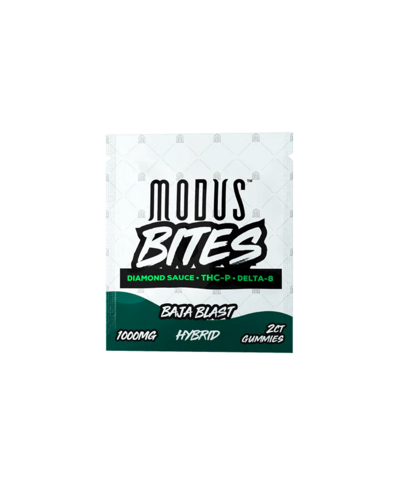 Explore the packaging of Modus Gummy Bites Baja Blast, a premium offering by Modus. Each gummy is infused with diamond sauce, THC-P, and Delta-8 for a transformative experience. Boasting a 1000mg hybrid potency and enhanced through nanotized extraction, these 2-count gummies deliver a unique THC content experience.