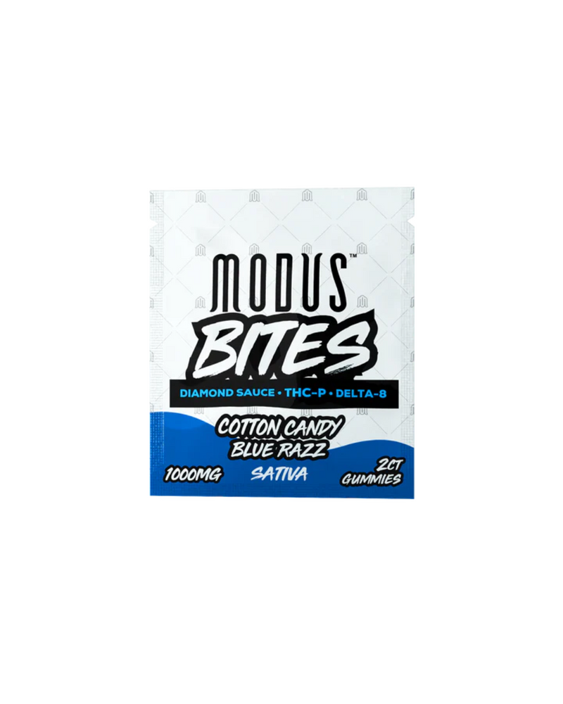 Introducing the Modus Gummy Bites 2ct | 1000mg packaging, featuring a blend of Diamond Sauce THC-P Delta-8 using advanced nanosized extraction methods. Enjoy the Cotton Candy Blue Razz flavor with 1000mg per pack, showcasing its potent THC content and Sativa strain effects. Brought to you by Modus.