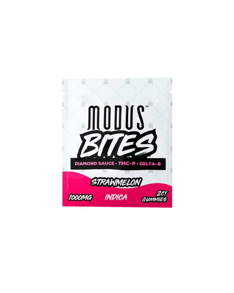 Introducing Modus Gummy Bites, a two-count package delivering 1000mg of Indica delight. These Strawmelon-flavored gummies are infused with Diamond Sauce using nanotized extraction, featuring an innovative blend of Delta-8 and THC-P for an unmatched experience.