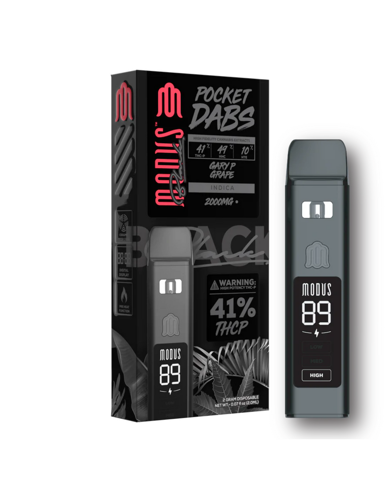 The Modus Black Pocket Dabs Disposable | 2g by Modus boasts a sleek design incorporating Ceramic Slow Heat Technology, offering a potent Indica strain with 41% THCP. This 2000mg disposable vape pen includes an explicit warning label to ensure safety and convenience.