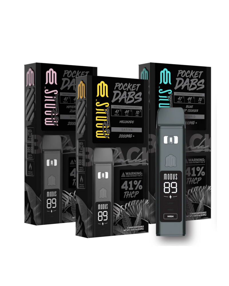 The packaging of the Modus Black Pocket Dabs Disposable | 2g highlights details such as "41% THCP" and "2000MG" and features a dark design with colorful accents. This disposable vape pen, produced by Modus, utilizes Ceramic Slow Heat Technology for a smooth experience.