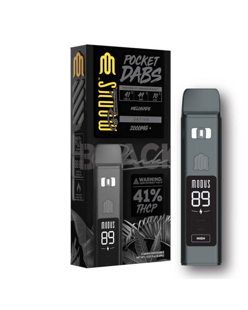 An image of the Modus Black Pocket Dabs Disposable | 2g vape pen along with its packaging displays the "Melonade" flavor, "2000 MG," "41% THCP," and the label "High." The device is equipped with Ceramic Slow Heat Technology for an enhanced experience.