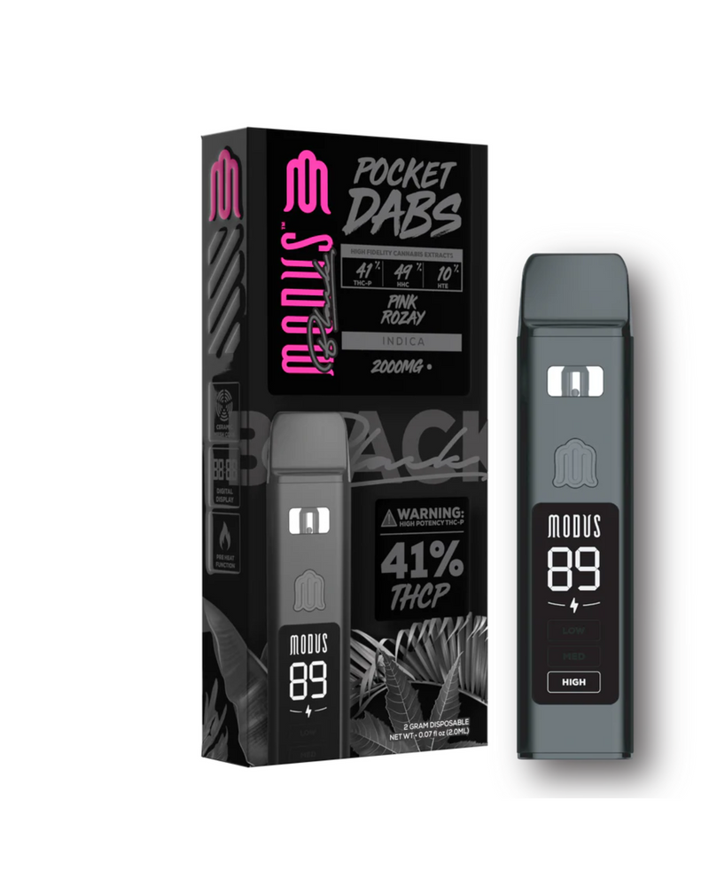 Introducing Modus Pink Rozay Pocket Dabs, showcasing cutting-edge Ceramic Slow Heat Technology for an exceptional experience. Containing 41% THCP and a powerful 2000 mg potency, this Indica strain offers a "high" strength level. The perfect match to accompany your Modus Black Pocket Dabs Disposable or Vape Pen.