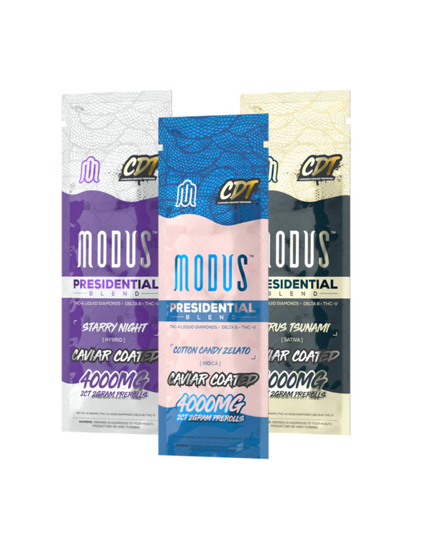 Three packets of Modus Presidential Blend Pre Rolls - 2ct | 4g are showcased: Starry Night, Cotton Candy Zelato, and Citrus Tsunami. Each packet prominently displays its premium cannabis product with a total weight of 4000mg, exemplifying the high THC content characteristic of Modus's Presidential Prerolls.