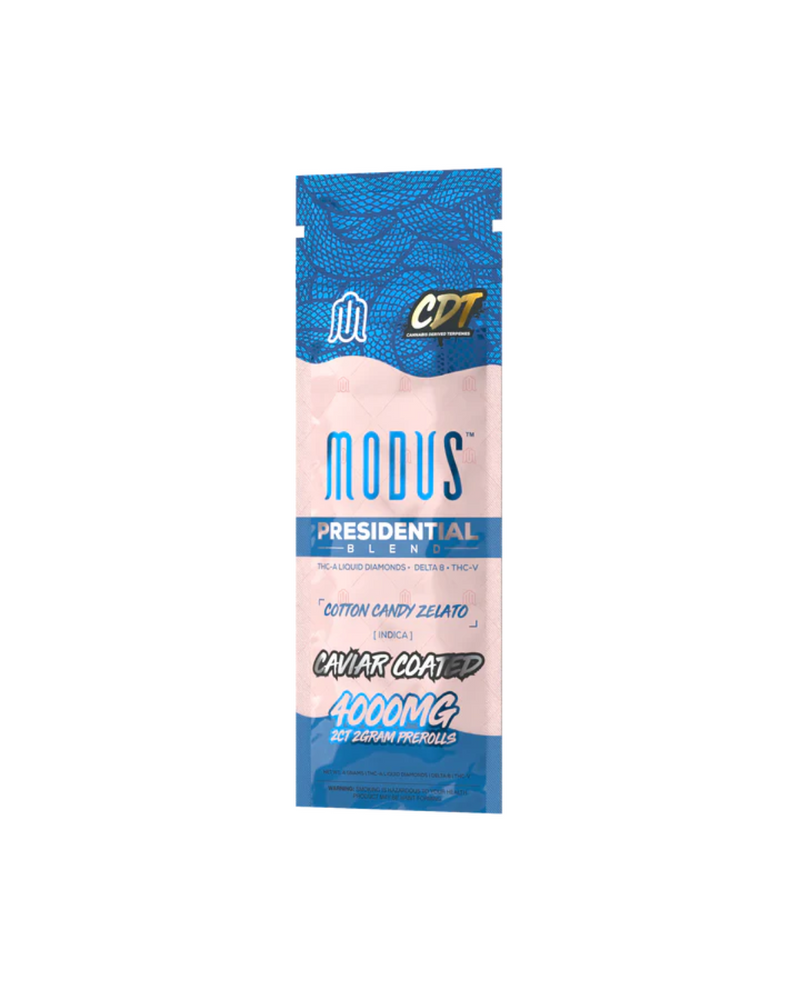 Explore the sophisticated packaging of Modus Presidential Blend Pre Rolls in Cotton Candy Gelato flavor. Infused with 4000 mg of caviar-coated THC, these pre rolls offer a premium cannabis experience crafted from the finest selection of hemp flowers, ensuring a truly distinguished indulgence.