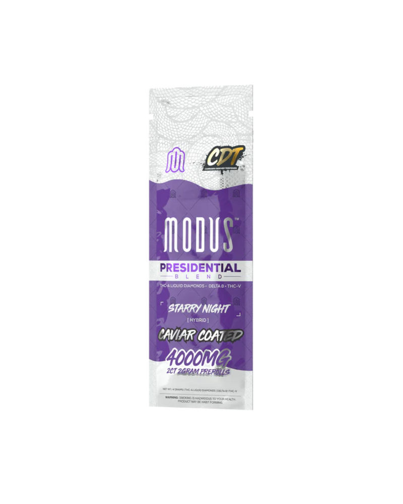 The Modus Presidential Blend Pre Rolls package, beautifully wrapped in purple and white and branded with "Starry Night," highlights its 4000 MG of premium cannabis, featuring caviar-coated hemp flowers.