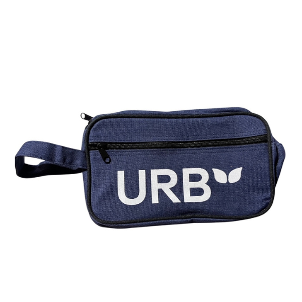 A navy fabric pouch with a zipper and wrist strap, featuring "URB" and a small butterfly-like logo from Everyday Delta—this Mystery Swag item adds an element of surprise to your brand merchandise collection.