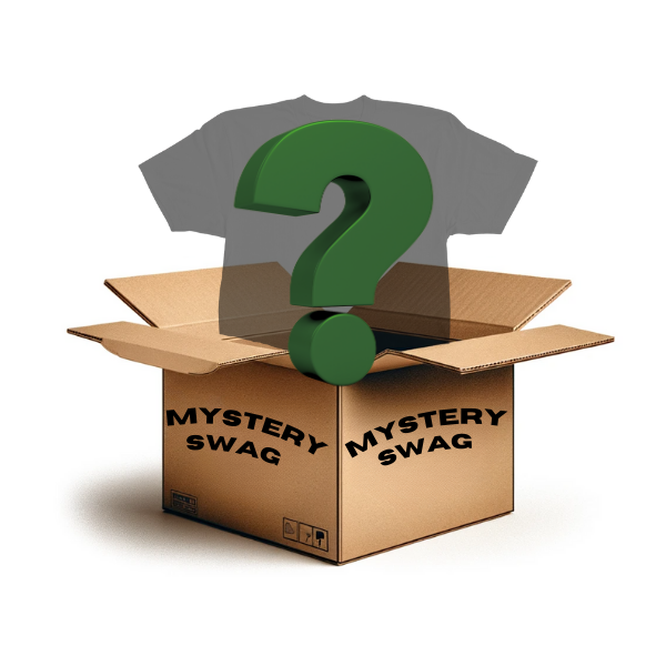 Open the "Mystery Swag" box by Everyday Delta, featuring a green question mark and the subtle outline of a high-quality T-shirt, hinting at the surprise inside.