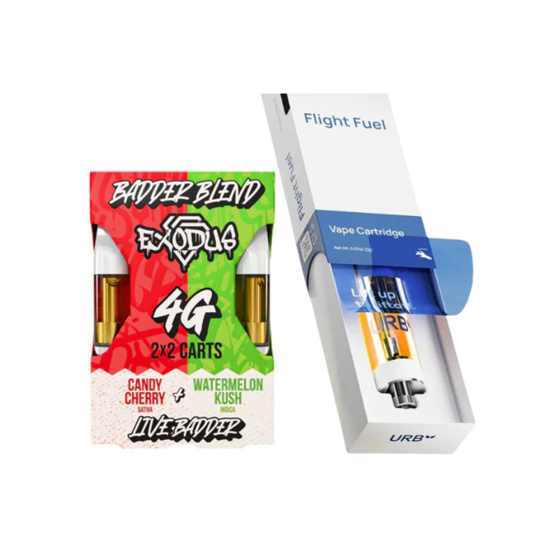 Two vaping product packages by Everyday Delta: one from the Premium Puff Vape Cart Bundle with a red and green design labeled "Candy Cherry" and "Watermelon Kush," and the other featuring a blue and white style, containing the URB Mile High Flight Fuel Cartridge.