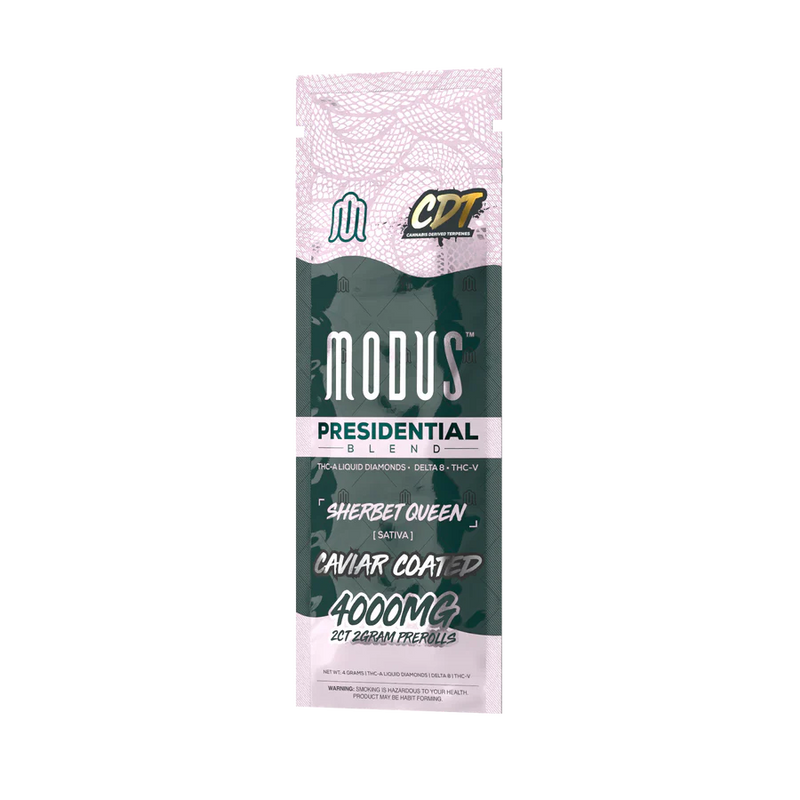 The Modus Presidential Blend Pre Rolls - 2ct | 4g highlights the premium cannabis strains Sherbet Queen and Caviar Coated, offering a remarkable THC content of 4000mg. Each package includes two elegantly branded grams, ensuring a sophisticated experience.