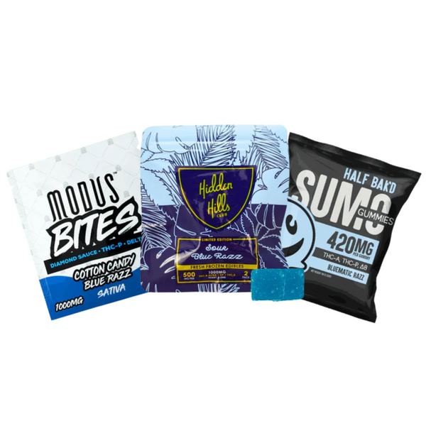 Three packages of cannabis edibles from Everyday Delta—Modus Gummy Bites, Hidden Hills Heady Blend Gummies, and Sumo Gummies—feature cobalt and blue-themed packaging. Ideal for those interested in the THC Gummy Sampler experience.