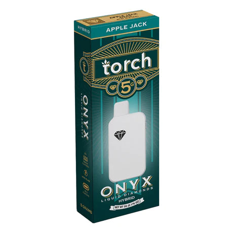 The "Torch Onyx Liquid Diamonds THCA Disposable | 5g" flaunts a white design with green accents, elegantly highlighting its packaging. Featuring cannabis-derived terpenes, this product celebrates the purity of THC-A disposables under the acclaimed brand Torch.