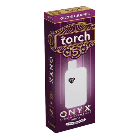 Torch Onyx Liquid Diamonds THCA Disposable in the "God's Grapes" flavor, marked with a diamond icon and Indica label, enhanced with cannabis-derived terpenes.