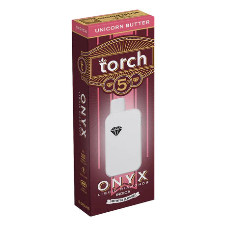 Box of Torch's Onyx Liquid Diamonds THCA Disposable vape, showcasing the enchanting Unicorn Butter flavor. The elegant white cartridge, embellished with a diamond emblem, delivers cannabis-derived terpenes for an exceptional experience.