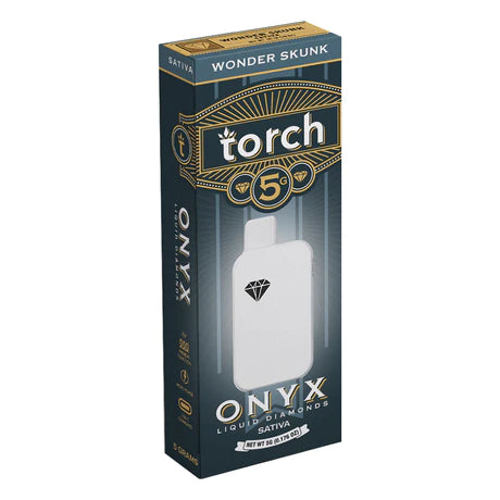 The packaging for the Torch Onyx Liquid Diamonds THCA Disposable, featuring the "Wonder Skunk" and "Sativa" labels, highlights a sleek white device with a black diamond icon. Enhanced with Cannabis-Derived Terpenes, this 5g THC-A Disposable from Torch ensures a premium vaping experience.