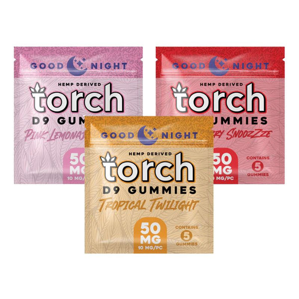 Three packs of Torch Good Night Delta 9 Gummies in delicious flavors—Pink Lemonade, Berry Snooozzee, and Tropical Twilight. Each pack includes an Indica blend ideal for a restful sleep, with 50mg divided among 5 gummies per package.