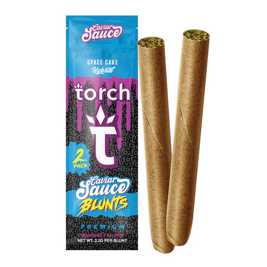 Two rolled blunts are shown next to a blue and purple packaging labeled "Torch Caviar Sauce Blunts 2ct | 4.4g," infused with strain-specific terpenes, "Space Cake Hybrid," and "2 Pack.