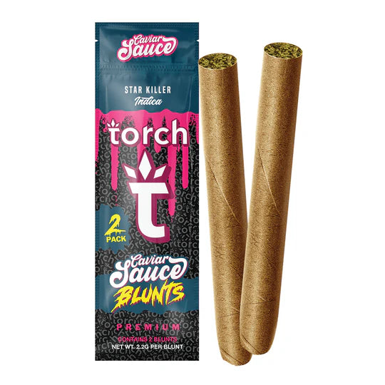 Two rolled blunts are displayed next to a packaging labeled "Torch Caviar Sauce Blunts 2ct | 4.4g" with "Star Killer" strain. The package indicates it contains a 2-pack of premium delta-8 THC infused blunts featuring strain-specific terpenes for an enhanced flavor profile.