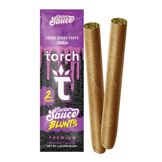 A package of Torch Caviar Sauce Blunts 2ct | 4.4g in the Sugar Daddy Purps strain. The THC-A flower blunts from Torch contain strain-specific terpenes and are pre-rolled, standing side by side in the package.