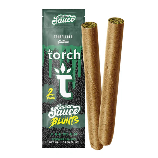 Image of Torch Torch Caviar Sauce Blunts 2ct | 4.4g, featuring two pre-rolled blunts next to their packaging. The package indicates a 2-pack and a net weight of 2.23 grams per blunt, containing premium THC-A flower infused with strain-specific terpenes for an enhanced experience.