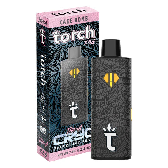 A Torch CRYO THCA Live Resin Disposable | 7.5g in black packaging with a yellow logo. The box, boasting a 7.5g capacity, displays product details and designs in purple and black.