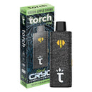 Image of a Torch brand disposable vape with a green apple skunk flavor. The 7.5g capacity, black vape features branding text and comes in a green and black box highlighting the Torch CRYO THCA Live Resin Disposable | 7.5g product details and flavor name.