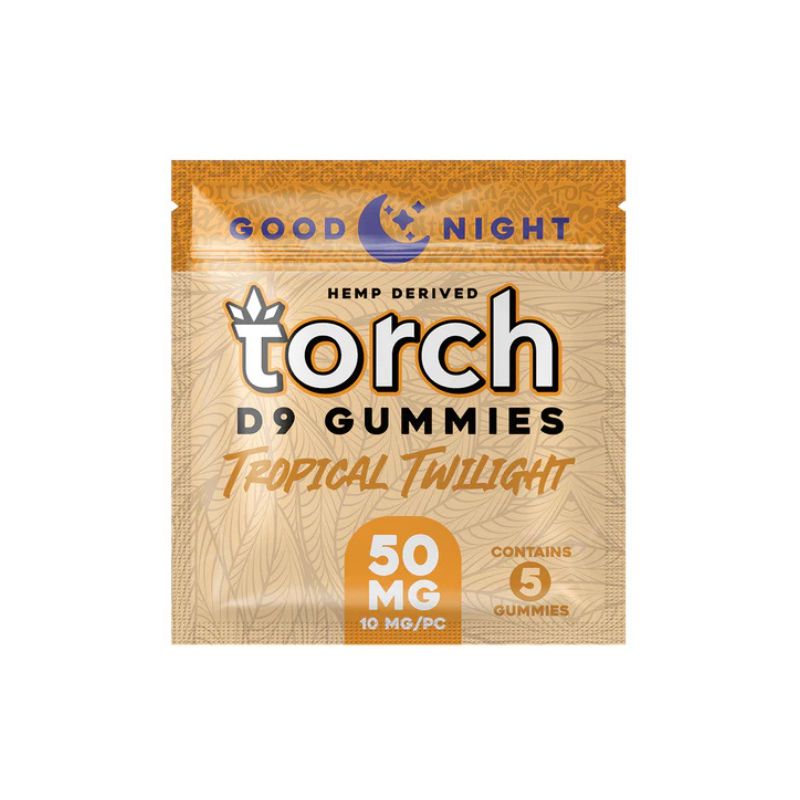 The Torch Good Night Delta 9 Gummies, offered by the brand Torch, come in a Tropical Twilight flavor and feature an Indica Blend designed for relaxation. This package contains 5 THC gummies, each with 10 mg for a total of 50 mg. The packaging includes a hemp leaf design and is labeled "Good Night.