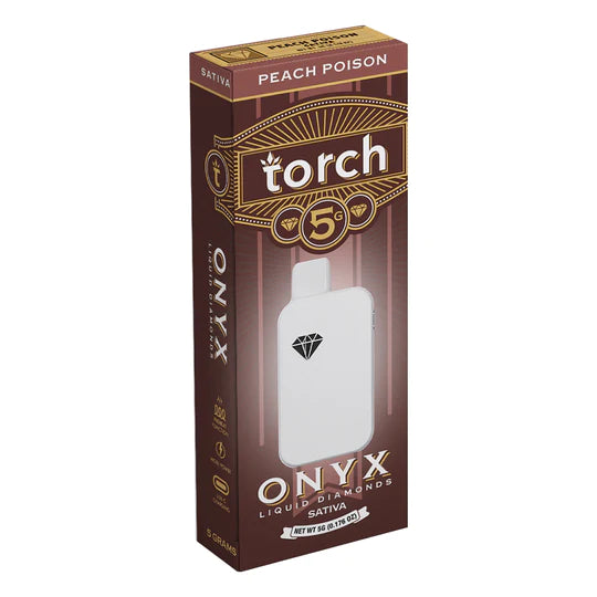 The packaging for the Torch Onyx Liquid Diamonds THCA Disposable, a product by Torch, is marked with "Peach Poison" and "Sativa," featuring a stylish white device adorned with a diamond logo. Enhanced by cannabis-derived terpenes, it provides an elevated flavor profile for an exquisite vaping experience.