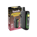 A Torch-branded vape device with a digital screen is displayed next to its packaging. The box reads "Guava Gelato" and "Live Resin THC-A." This Torch Pulse THCA Live Resin Disposable is primarily black with green accents and boasts a 6g capacity of hemp-derived THC-A.