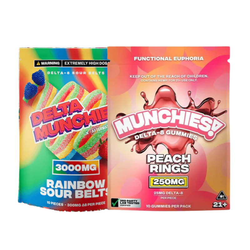 The Delta Munchies Ultimate Chill Bundle from Everyday Delta offers two vibrant packages featuring Delta-8 Sour Belts and Delta-8 Peach Rings, both of which prominently display their THC content and safety warnings.