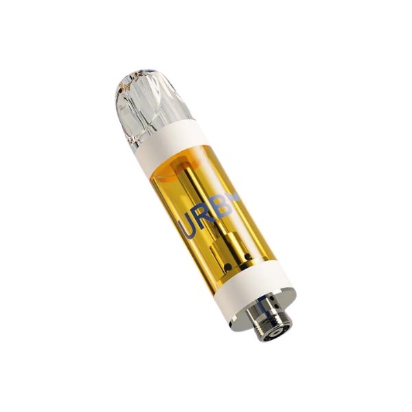 A close-up image of an Urb Flight Fuel Relax Cartridge | 2g, filled with yellow Live Resin liquid and labeled "Urb," featuring a transparent mouthpiece and metallic connector.