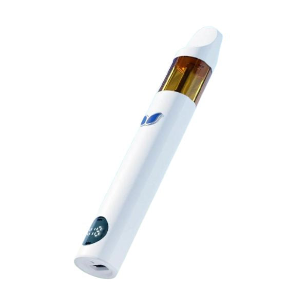 The product appears to be an Urb Aerovape 710 Clarity Disposable | 3g by Urb, a white handheld electronic device with a transparent middle section. It features a small button and a charging port at the base.